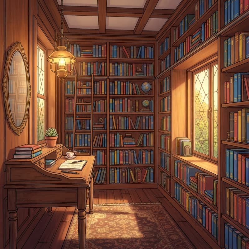 Image: Anime visual novel background art of a warm cozy s