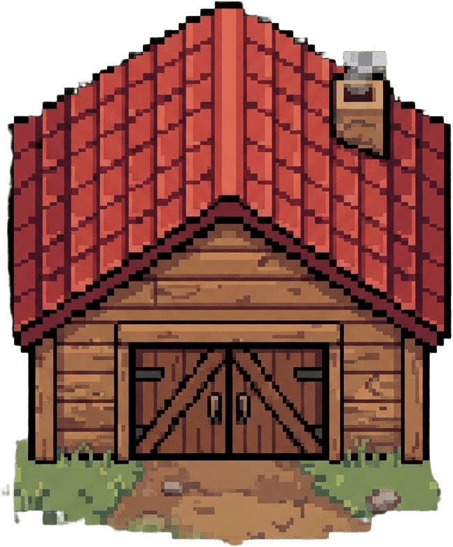 Image: pixel art top-down village building, a small woode