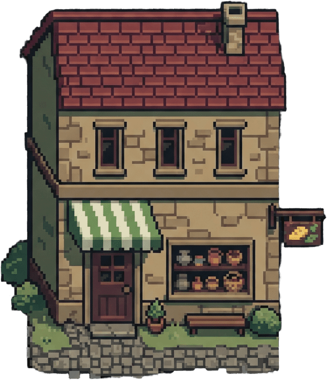 Image: pixel art top-down village building, a narrow two-