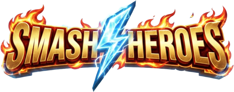 Image: Video game title logo text "SMASH HEROES", bold dy