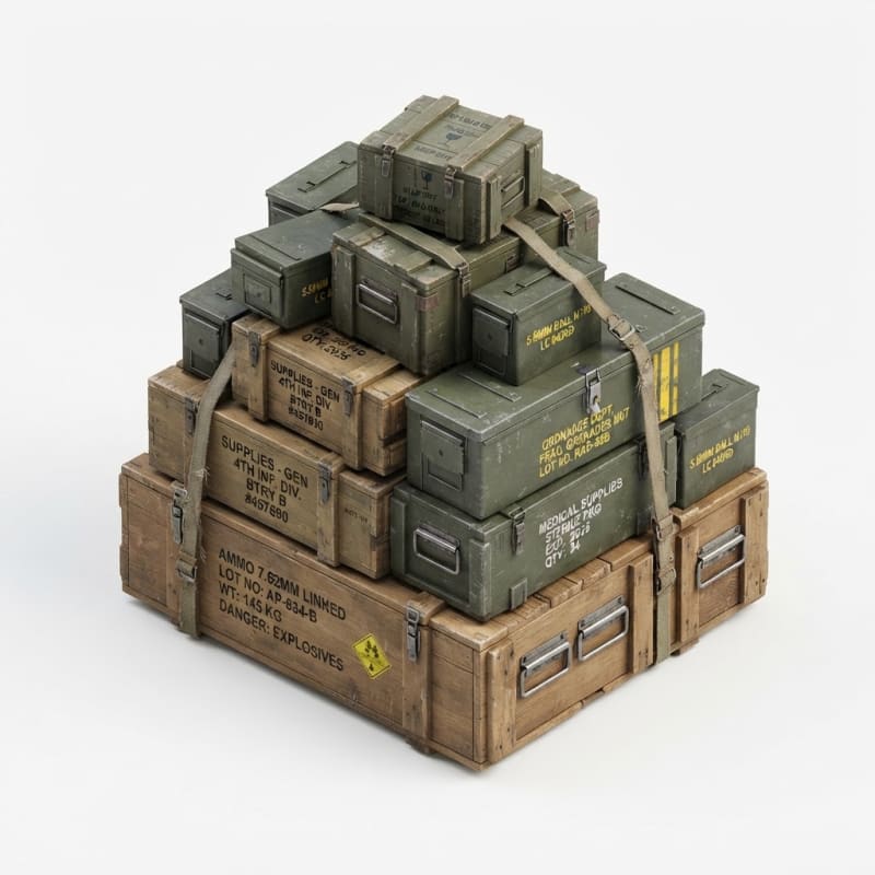 Image: Stack of military supply crates: olive green woode