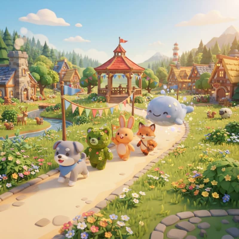 Image: Store key art for a cozy kids village game called 