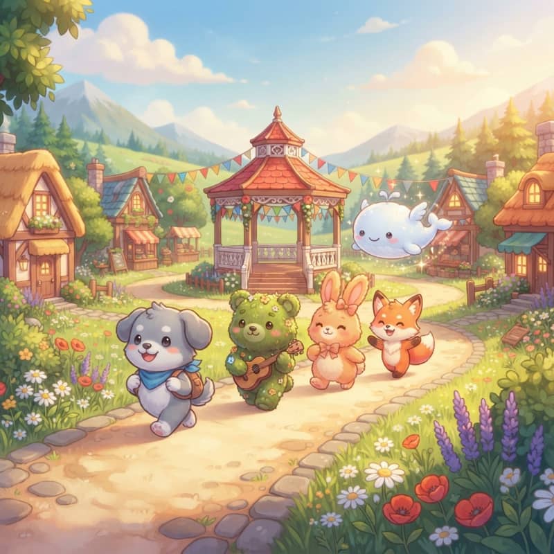 Image: Wide 16:9 store key art for a cozy kids village ga