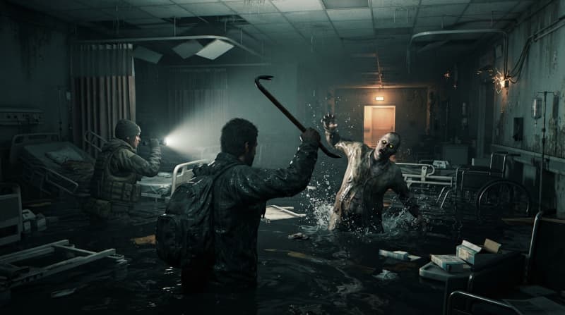 Search the flooded ward for keycards