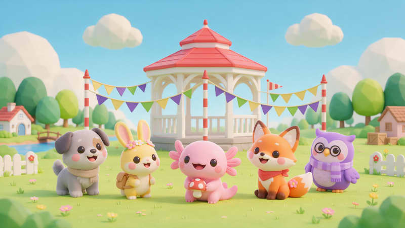 Image: Wide store key art for a cozy kids' critter villag