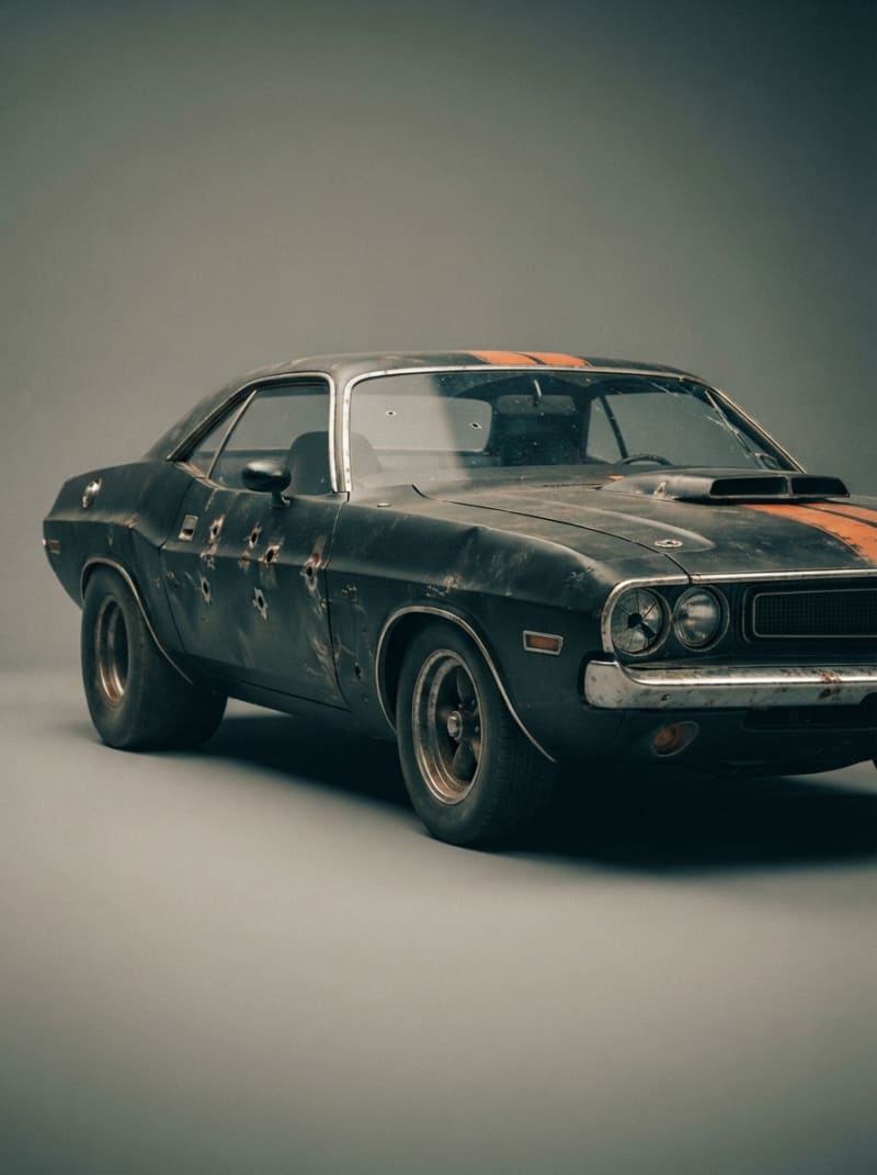A bullet-riddled muscle car