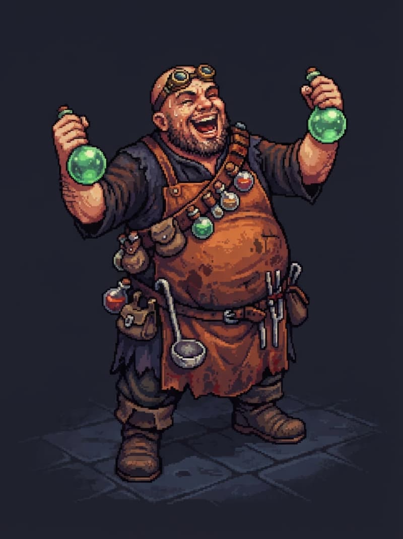 Otyły alchemik z bombami