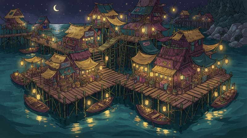A Stilted Night Market Over Water