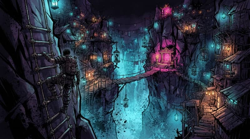 A rift-wall lantern bazaar