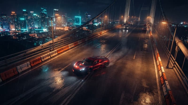 Race across a rain-soaked bridge