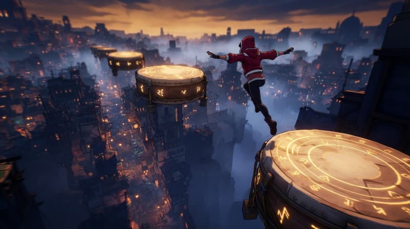Leap across rooftop drum platforms