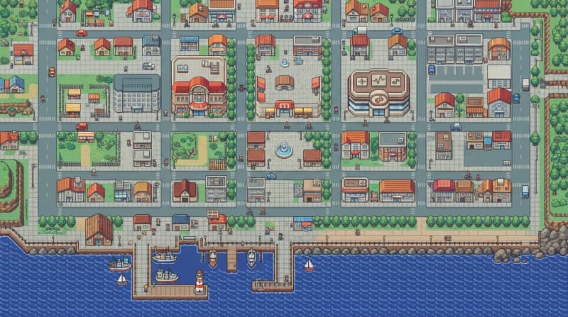Bustling waterside port city