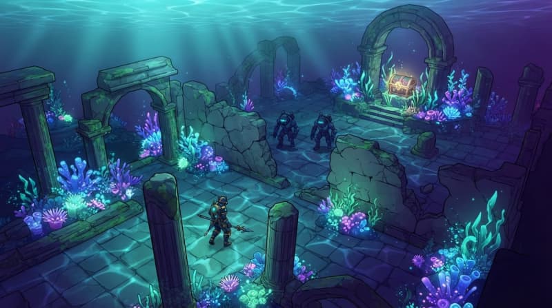 The neon underwater city ruins