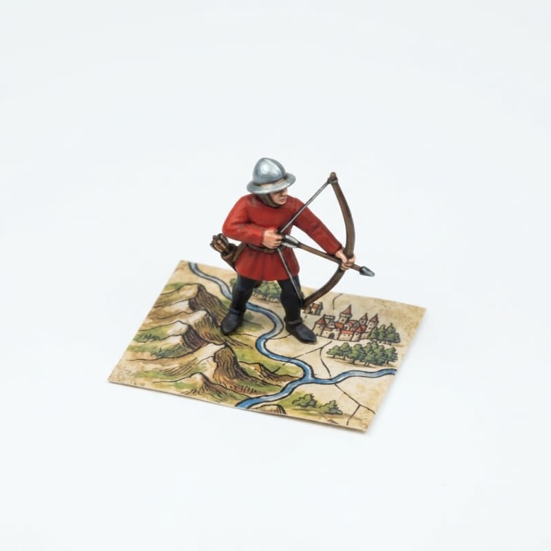 Image: A single archer with a bow held at the left side o