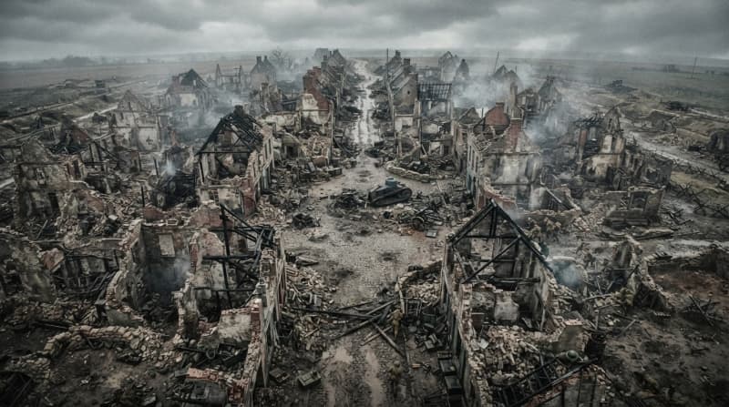 Pueblo en ruinas bombardeado