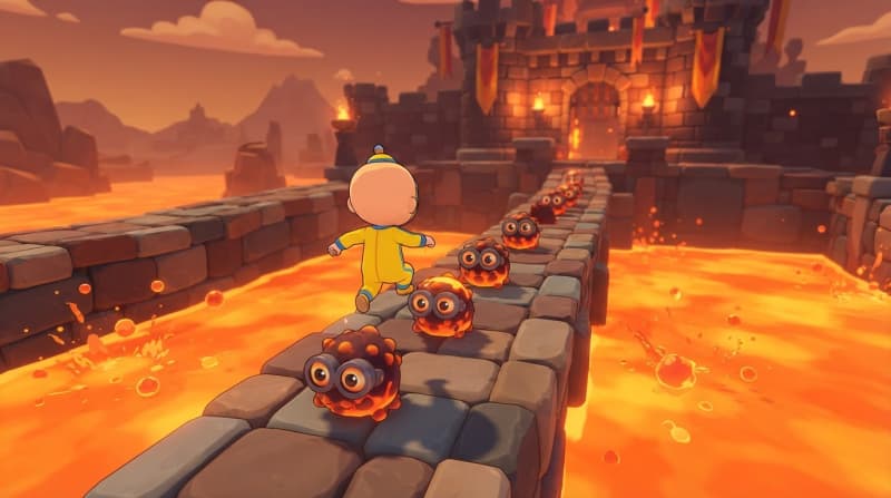 Stomp enemies across the lava bridge