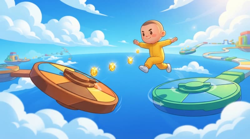 Leap across spinning platforms