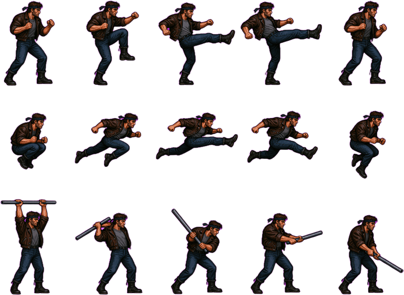 Night Brawler Hero Sheet B - kick, flying kick, pipe swing