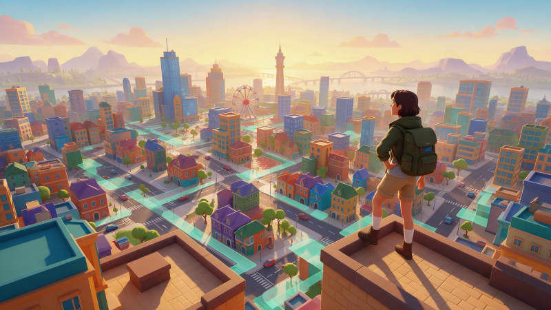 Image: Stylized 3D game key art, high three-quarter aeria