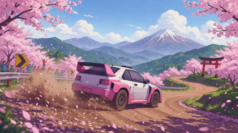 Image: Wide key art for a cel-shaded low-poly rally racin