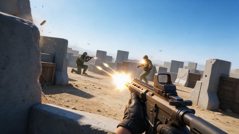 Image: Stylized modern first-person shooter game key art:
