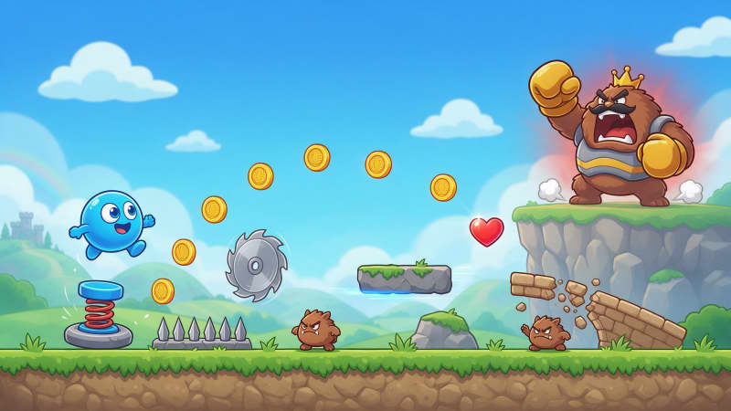 Image: Wide key art for a bright cartoon side-scrolling 2
