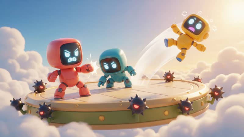 Image: Bright cartoon 3D game key art: three small cute r