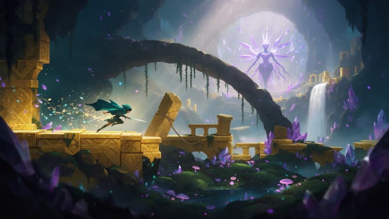 Image: Wide key art for a 2D hand-painted metroidvania. A