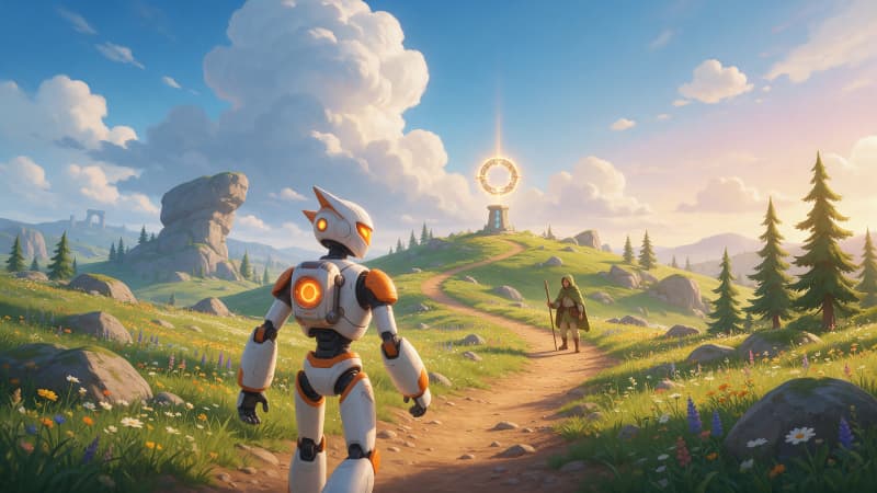 Image: Stylized third-person adventure game key art: over