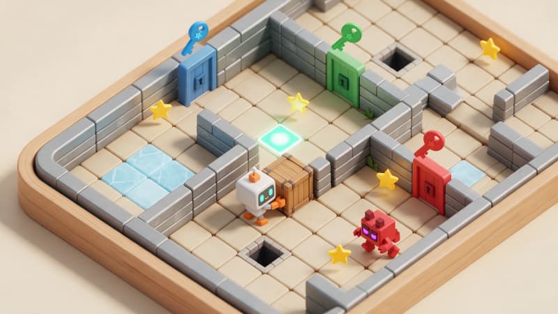 Image: Wide key art for a top-down grid puzzle game, seen