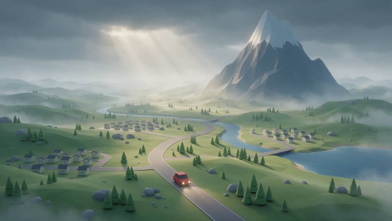 Image: Minimal stylized 3D game key art built from simple