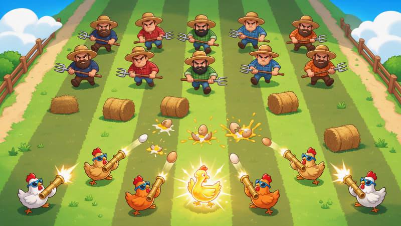 Image: Wide cartoon key art for a farmyard lane-defense t