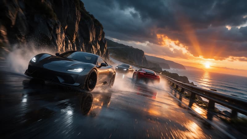 Image: Stylized arcade racing game key art: a sleek unbra