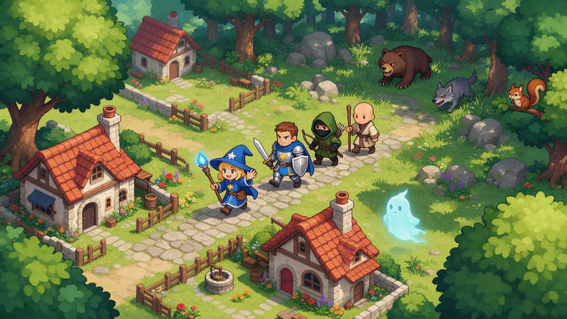 Image: Wide key art for a classic turn-based 2D RPG in ch