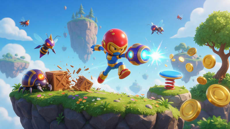 Image: Colorful cartoon 3D action-platformer key art: a s