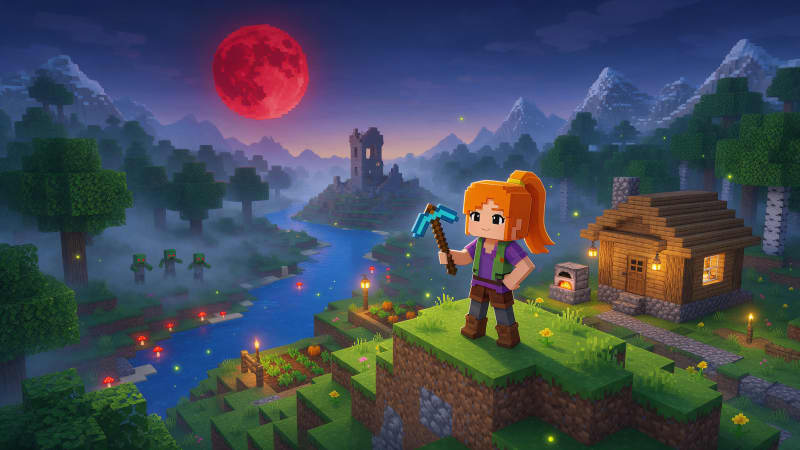 Image: Blocky voxel survival sandbox game key art at dusk