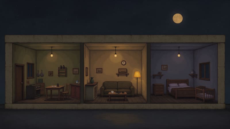 Image: Pixel art game background, flat side-on cutaway cr