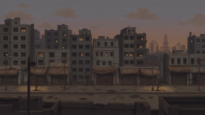 Image: Pixel art game background, flat side-on view of a 