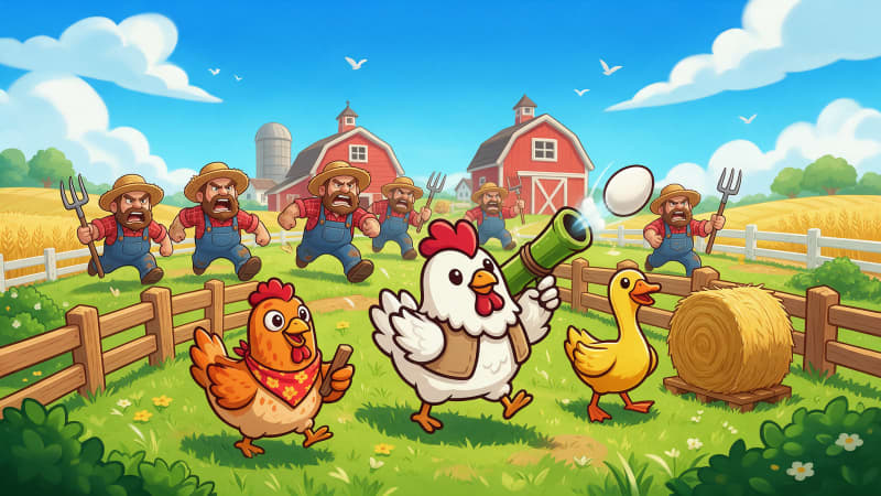 Image: Store key art for a farmyard lane defense game. Ma