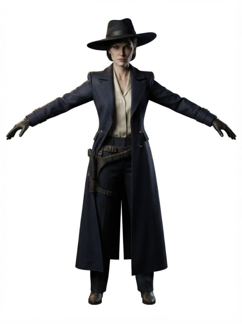 Full body 3D character on a plain dark background, slender adult woman in a tailored dark coat and wide-brim hat, narrow eyes with a calculating expression, one