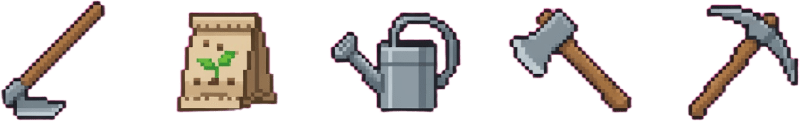 Farm Tool Icons Row (hoe seeds water axe pickaxe)