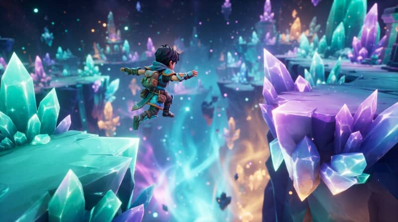 Leap across floating crystal platforms