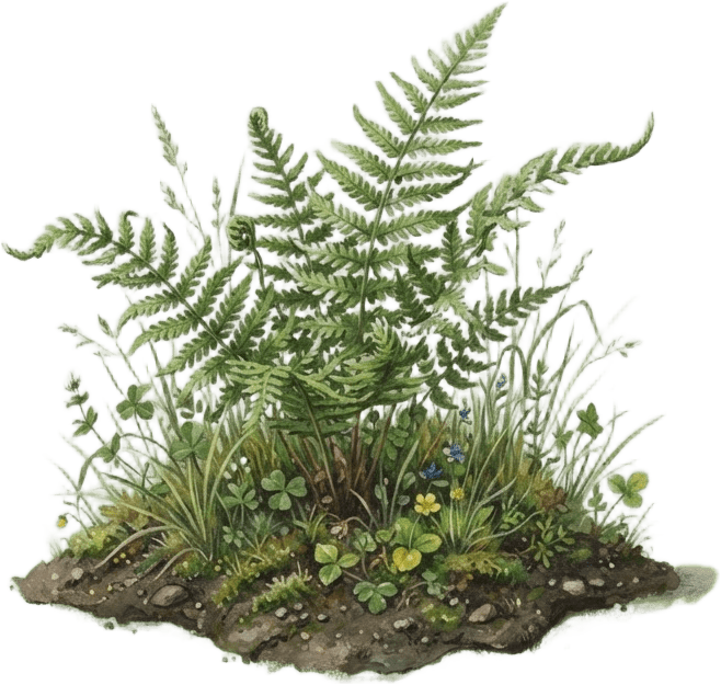 Image: A small clump of ferns and low wild grass, painter