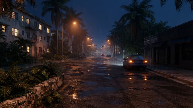 Miami streets at night in rain
