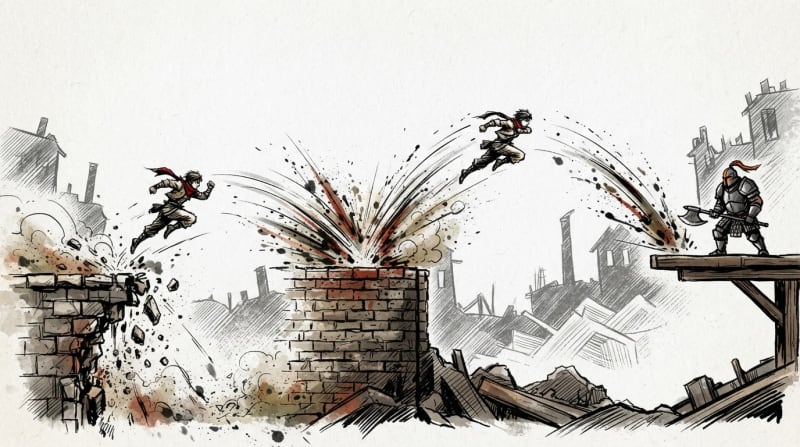 Chain wall-jumps across crumbling towers
