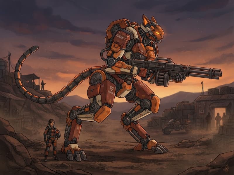 Image: Full-body side view of a giant combat mech beside 