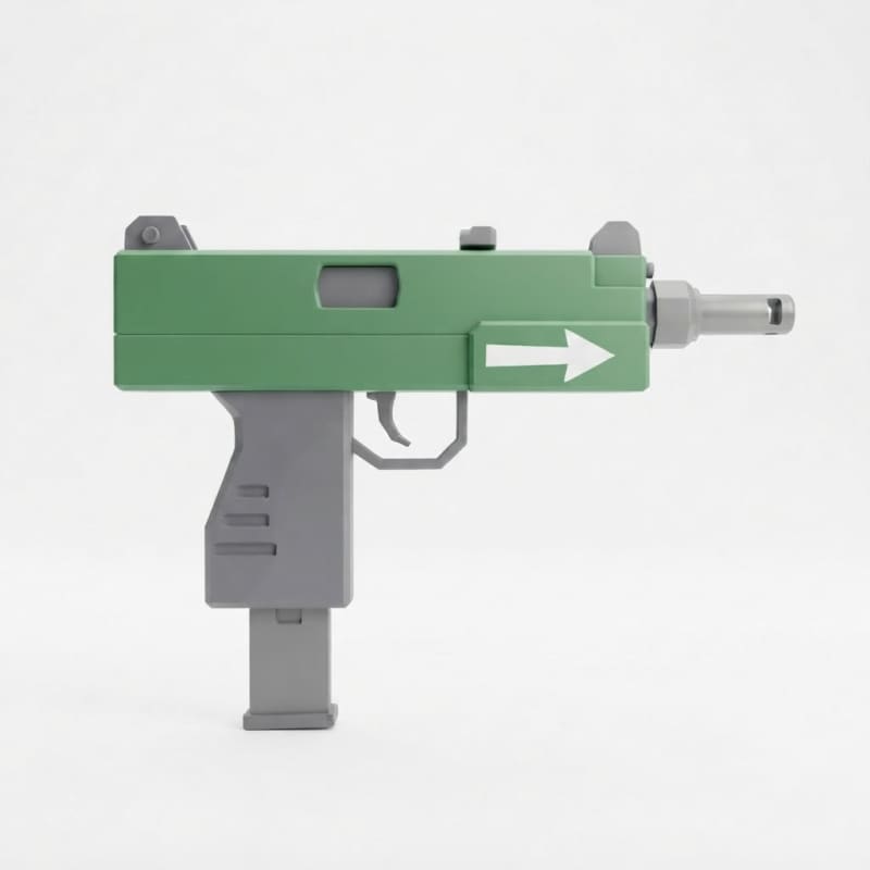 Low poly cartoon Uzi SMG, green with white muzzle arrow