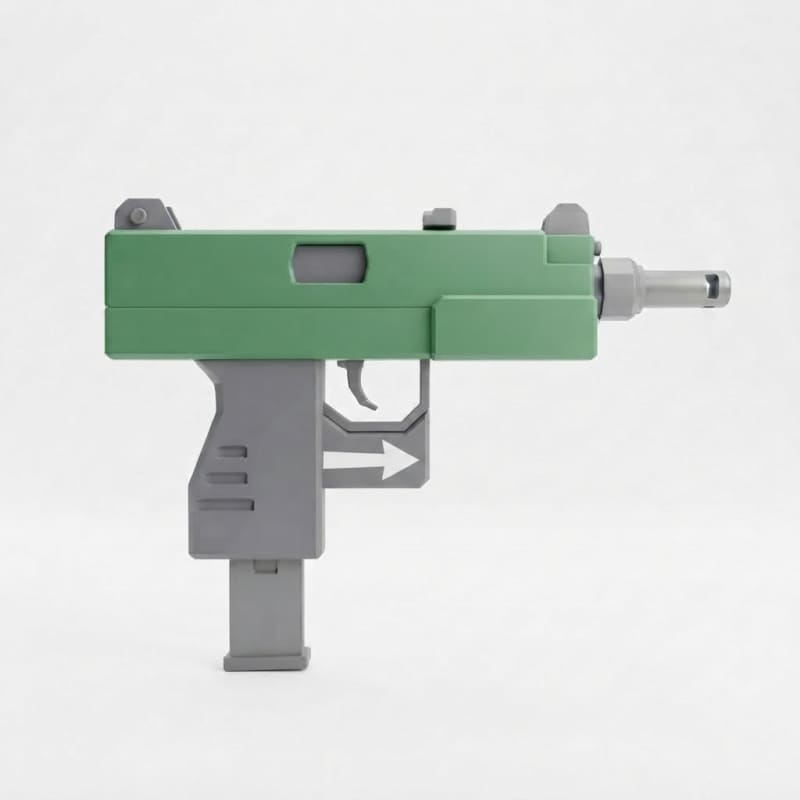 Low poly cartoon Uzi SMG, green with white muzzle arrow