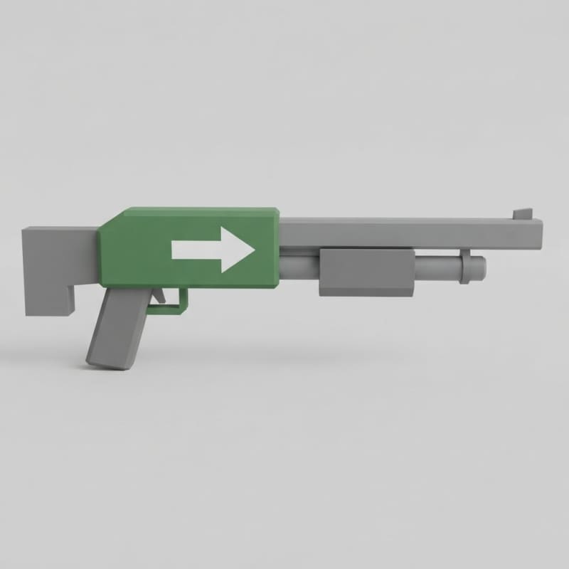 Low poly cartoon pump action shotgun, green with white muzzle arrow