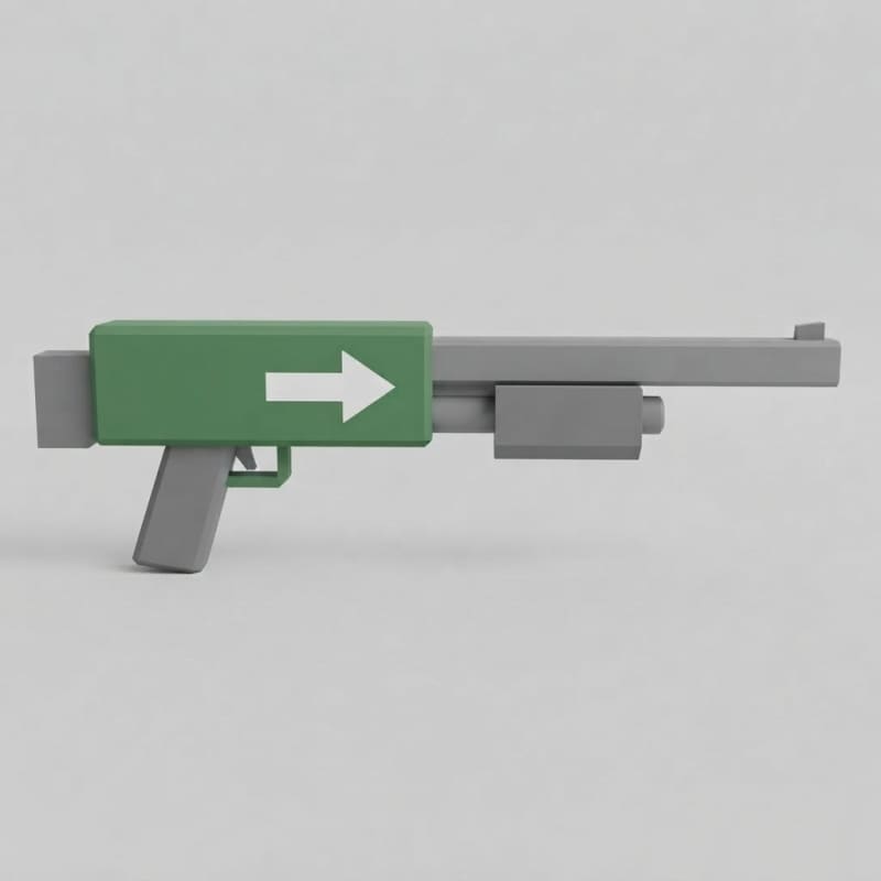 Low poly cartoon pump action shotgun, green with white muzzle arrow